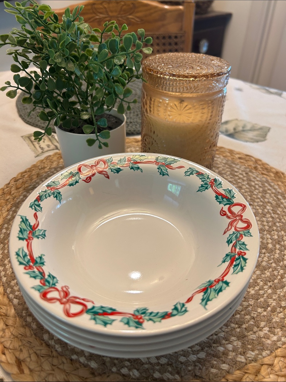 International Tableworks "Christmas Ribbons" stoneware cereal or soup bowls